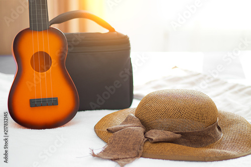 Brown floopy hat with ribbon, little guitar toy and suitcase background. Summer holiday concept photo