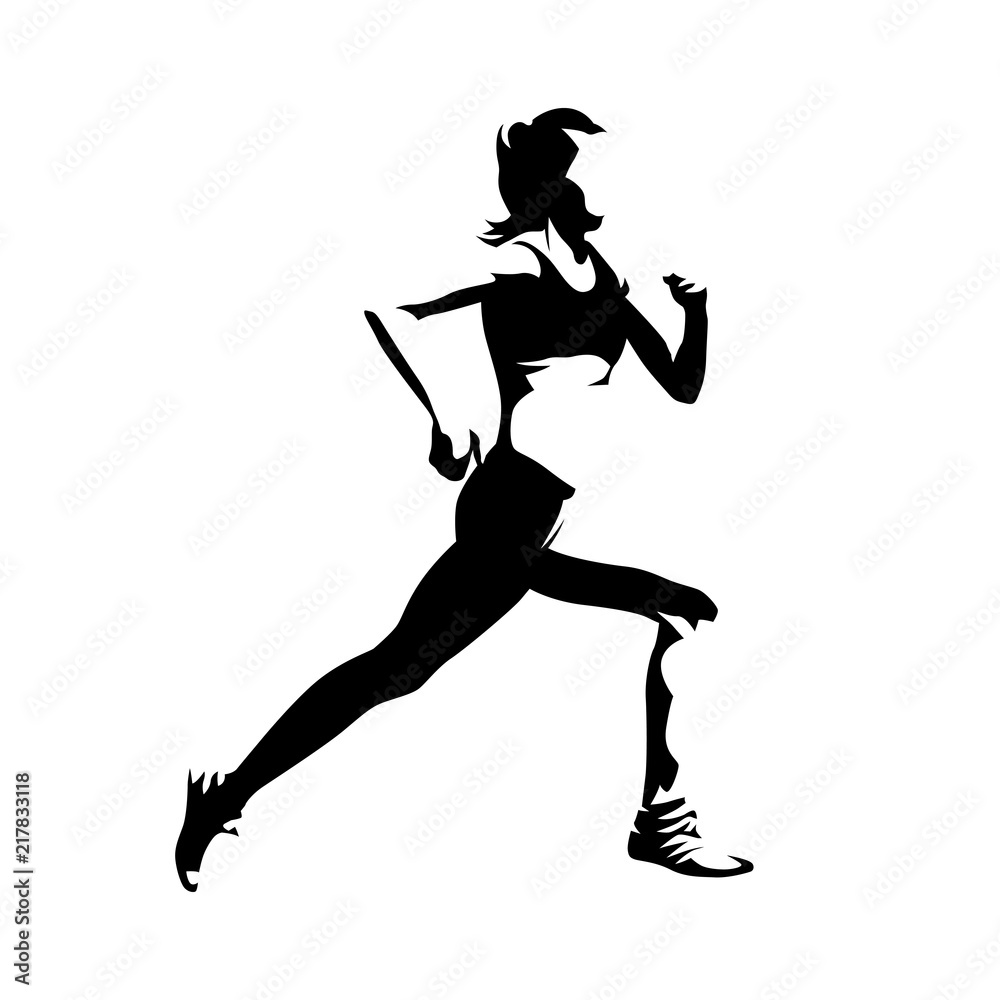 Running woman, side view, isolated vector silhouette. Active girl. Ink drawing