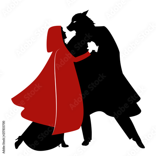 Silhouettes of Little Red Riding Hood and the Wolf dancing isolated