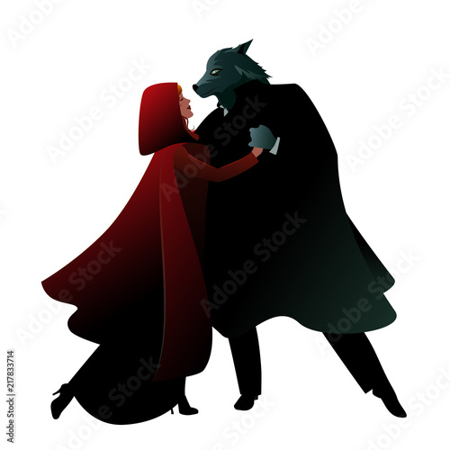 Little Red Riding Hood and the Wolf dancing isolated on white background