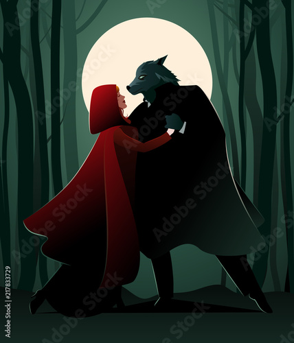 Little Red Riding Hood and the Wolf dancing in the forest in the light of the full Moon