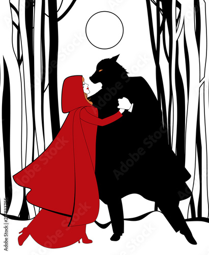 Little Red Riding Hood and the Wolf dancing in the forest in the light of the full Moon