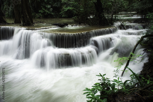 Beautiful River and waterfalls Huai Mae Khamin in Kanchanburi Thailand in moonsoon season.