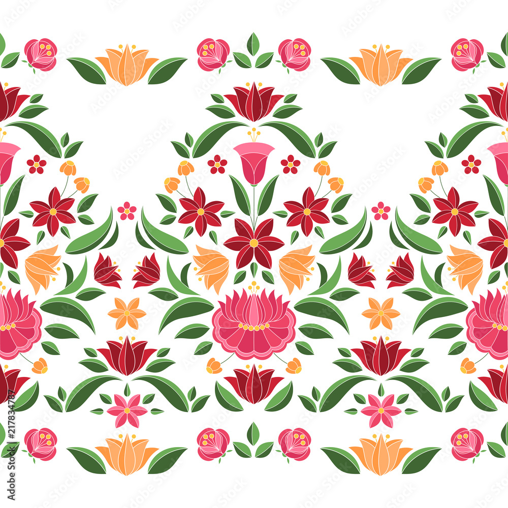Hungarian folk pattern vector seamless border. Kalocsa embroidery floral ethnic ornament. Slavic eastern european print isolated. Vintage traditional flower design for woman clothing.