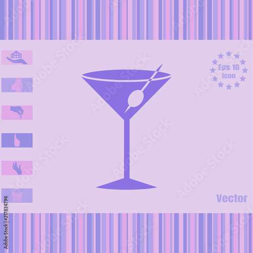 A glass vector icon with a coctail martini and olive . Illustration on a Flat design style.