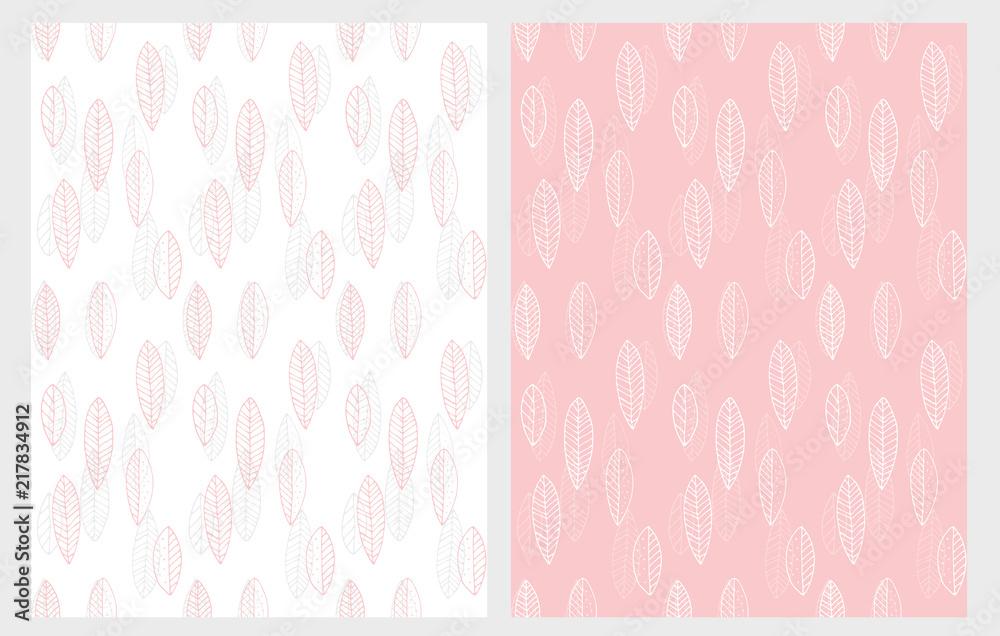 Hand Drawn Delicate Abstract Leaves Vector Pattern Set. Pastel Light Pink,White and Light Grey Cute Design. White and Pink Background. Hand Drawn Delicate Abstract Leaves Vector Pattern Set. Pastel Light Pink,White and Light Grey Cute Design. White and Pink Background.