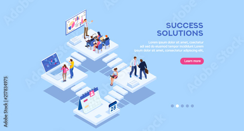 Isometric analysis, data investment for project. Solutions, visualization, analyzing of success. Business workplace, consulting app, career website, mobile website. Small office group modern homepage.