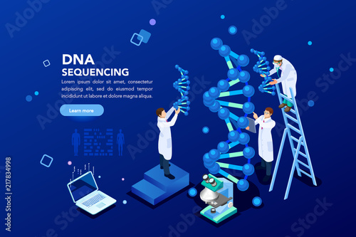 Health and biochemistry laboratory of nanotechnology. Molecule helix of dna, genome or gene evolution. Vector blue science genome clone sequence concept with characters. Flat isometric illustration. photo