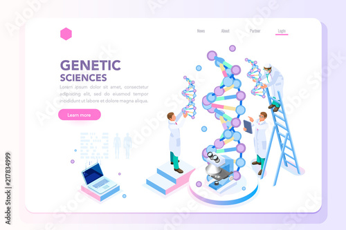 Health and biochemistry laboratory of nanotechnology. Molecule helix of dna, genome or gene evolution. Vector blue science genome clone sequence concept with characters. Flat isometric illustration.