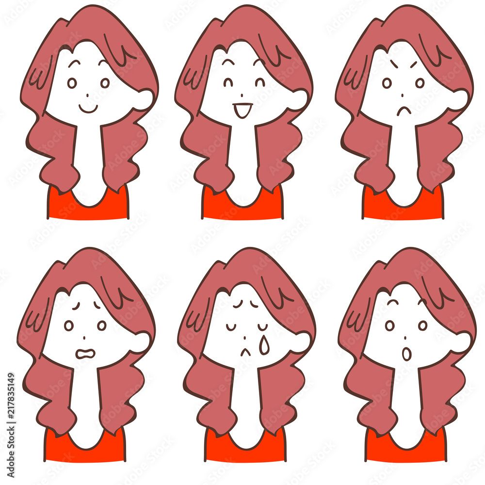 パーマをかけたロングヘアの女性の表情6種類 Stock Vector Adobe Stock