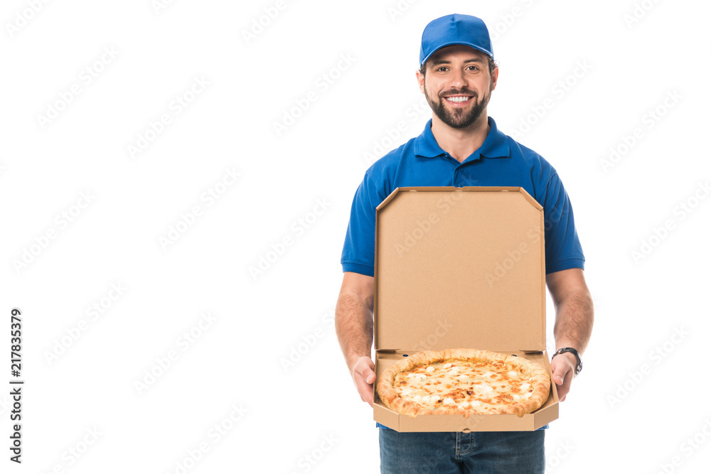 handsome delivery man holding pizza in box and smiling at camera isolated on white handsome delivery man holding pizza in box and smiling at camera isolated on white