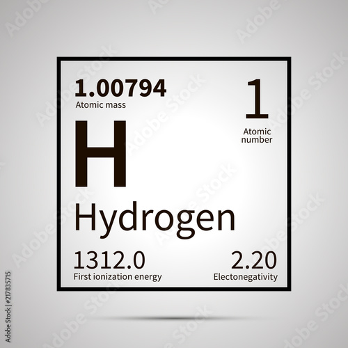 Hydrogen chemical element with first ionization energy, atomic mass and electronegativity values ,simple black icon with shadow