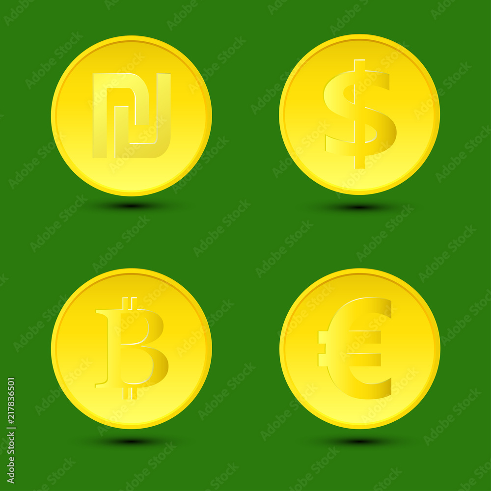 Vector illustration. A set gold coins with shadows on the isolated green background. Vector illustration. A set gold coins with shadows on the isolated green background.