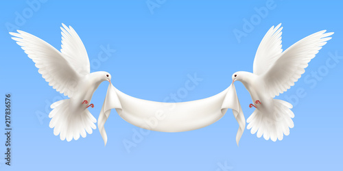 Photographie White Pigeons Realistic Banner