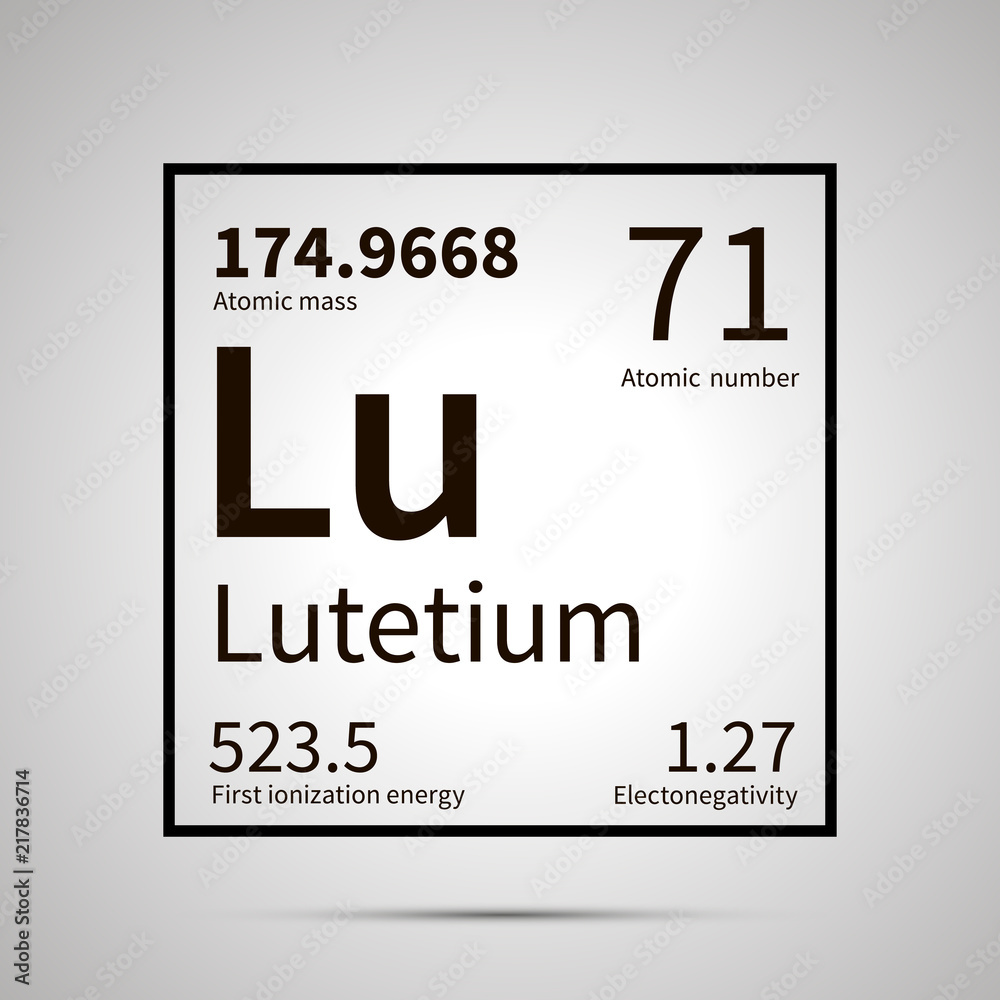 Lutetium chemical element with first ionization energy, atomic mass and electronegativity values ,simple black icon with shadow Lutetium chemical element with first ionization energy, atomic mass and electronegativity values ,simple black icon with shadow