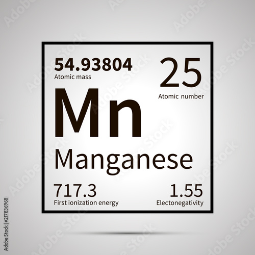 Manganese chemical element with first ionization energy, atomic mass and electronegativity values ,simple black icon with shadow
