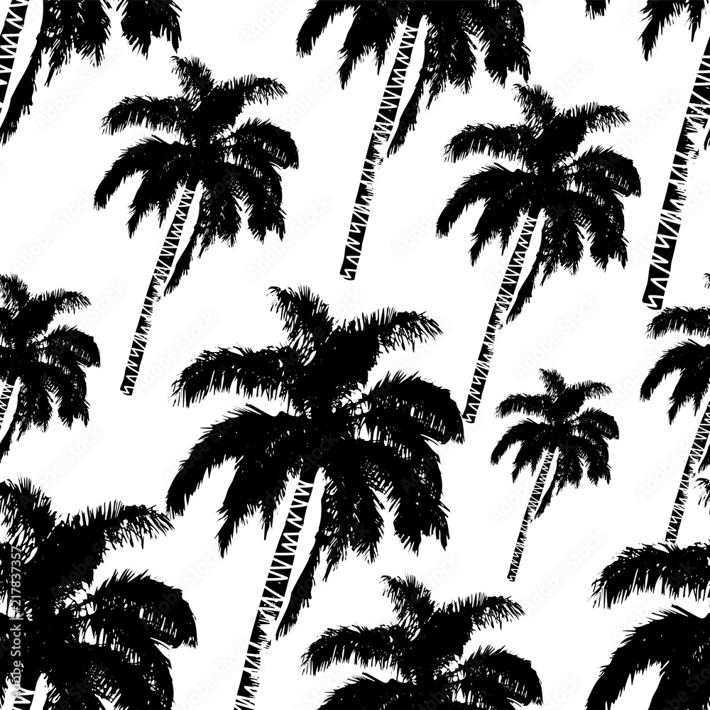 Hand drawn palm trees seamless pattern. Exotic trendy background with tropical coconut palm tree.