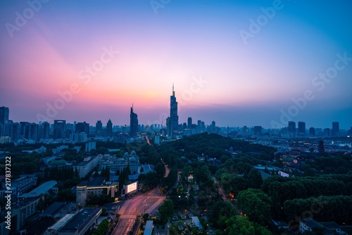 Skyline of Nanjing city at sunset in summer