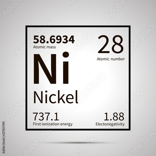 Nickel chemical element with first ionization energy, atomic mass and electronegativity values ,simple black icon with shadow