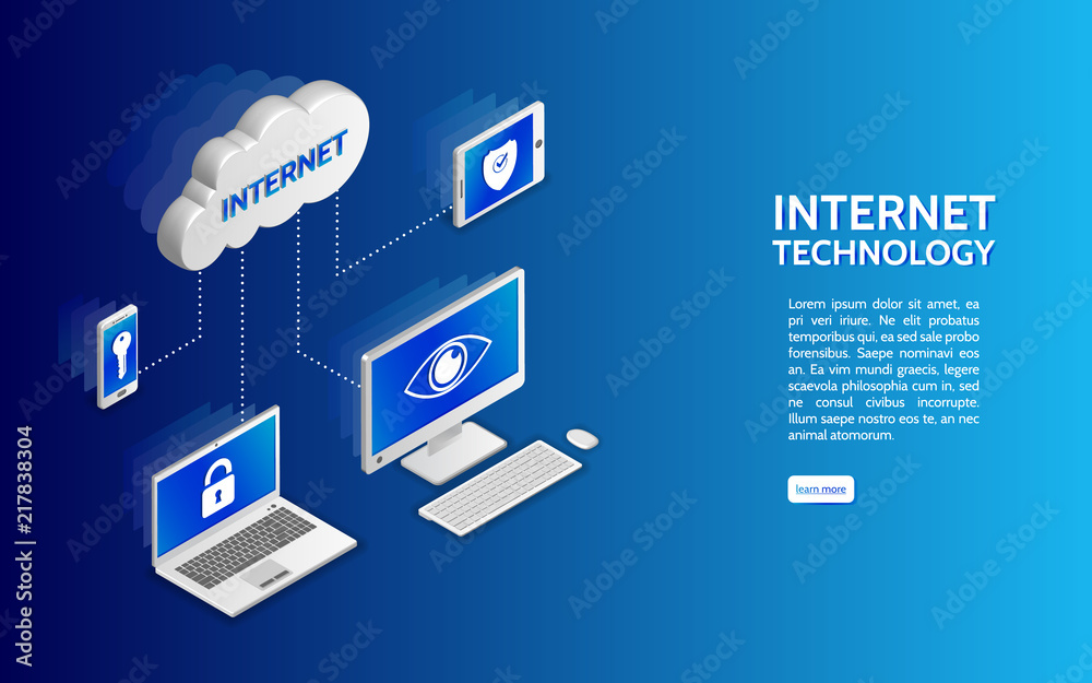 Cloud technology computing concept. Network illustration with computer, laptop, tablet, and smartphone. 3d landing page layout, web banner