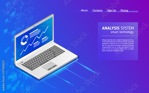 Analysis of information on laptop. Monitoring and statistics data procesing. Abstract analytics system isometric illustration. 3d landing page layout, web banner.