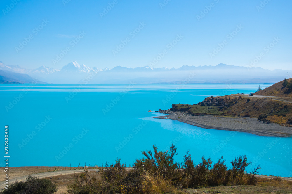 Summertime view Beautiful of Lake Pukaki and Mount Cook as a Background