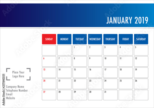 January 2019 desk calendar vector illustration