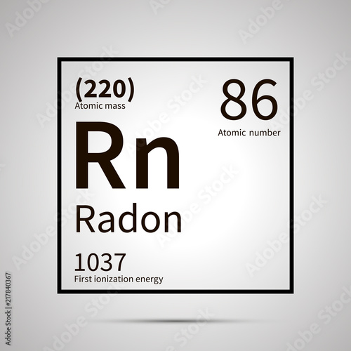 Radon chemical element with first ionization energy and atomic mass values ,simple black icon with shadow