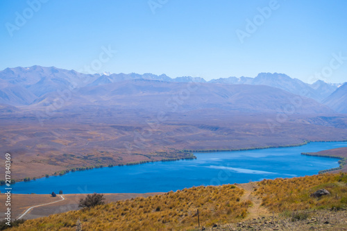 Panorama Lake Alexandrina next to Lake Tekapo, seen from Mount John.
