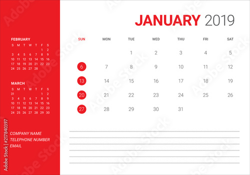 January 2019 desk calendar vector illustration