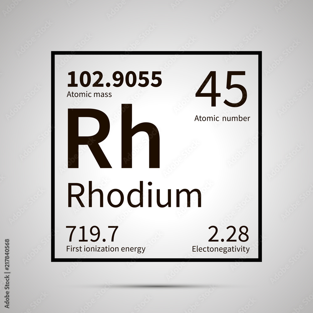Rhodium chemical element with first ionization energy, atomic mass and electronegativity values ,simple black icon with shadow Rhodium chemical element with first ionization energy, atomic mass and electronegativity values ,simple black icon with shadow
