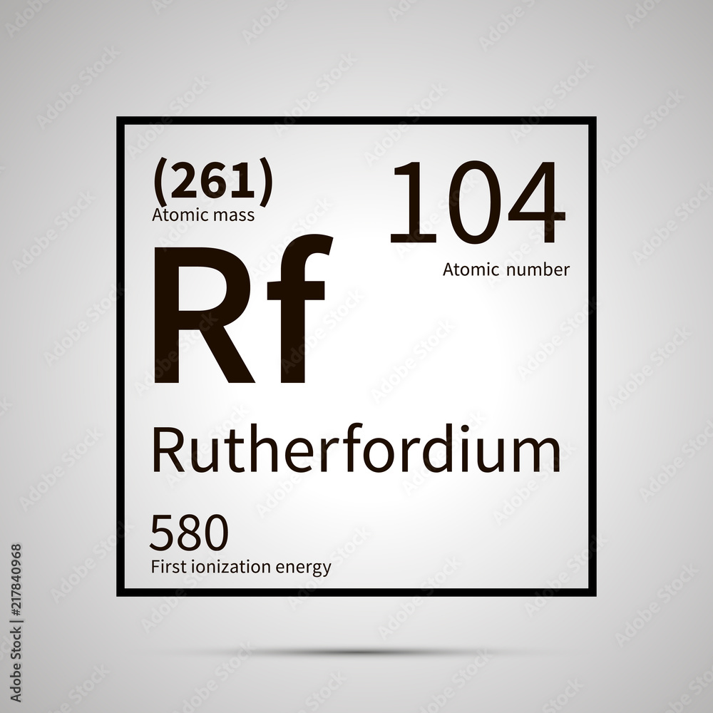 Rutherfordium chemical element with first ionization energy and atomic mass values ,simple black icon with shadow