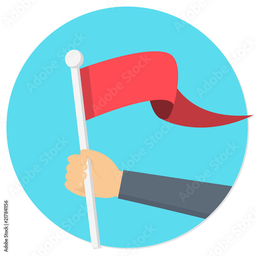 Hand hält rote Flagge Fahne auf blauem Hintergrund Flat Design Icon