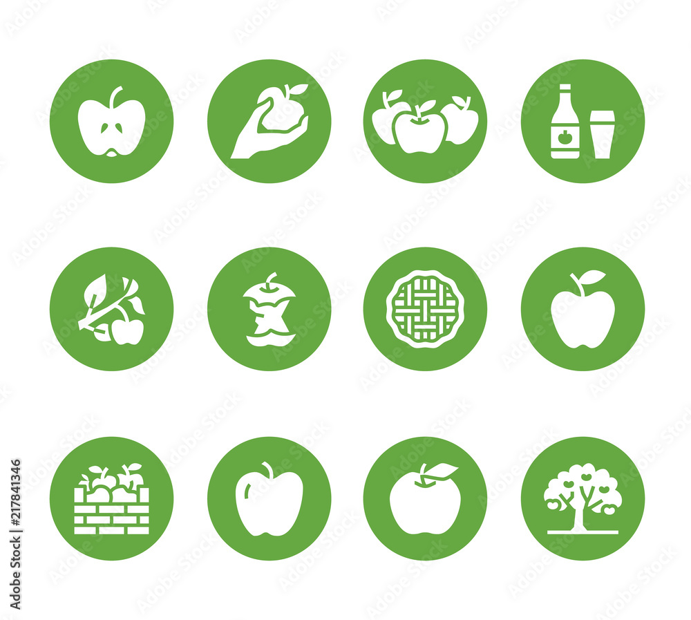 Apples flat glyph icons. Apple picking, autumn harvest festival, craft fruit cider illustrations. Solid silhouette signs for organic food store. Apples flat glyph icons. Apple picking, autumn harvest festival, craft fruit cider illustrations. Solid silhouette signs for organic food store.