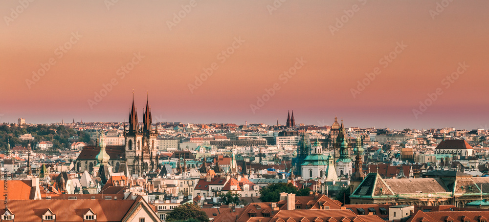 Prague, Czech Republic. Panoramic View Of Cityscape In Sunset