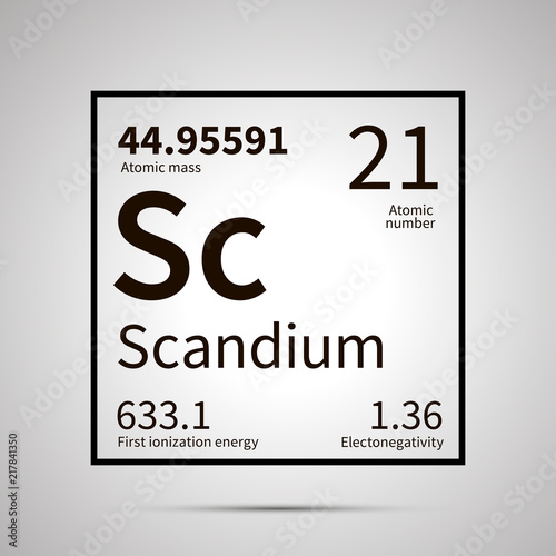 Scandium chemical element with first ionization energy, atomic mass and electronegativity values ,simple black icon with shadow