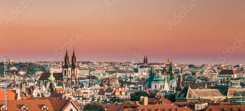 Prague, Czech Republic. Panoramic View Of Cityscape In Sunset