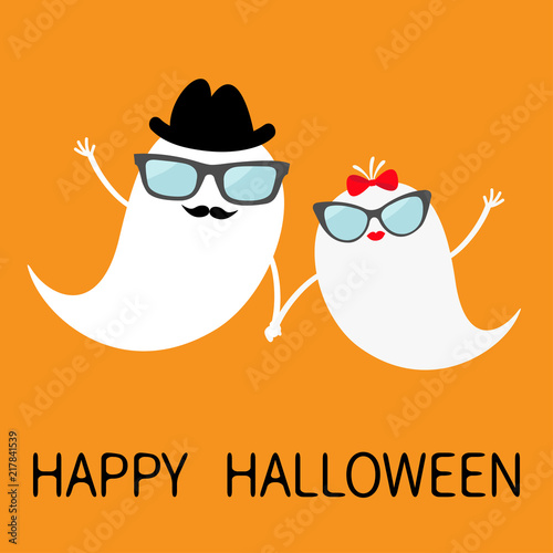Happy Halloween. Ghost spirit family set with lips, mustaches eyeglasses, hands, hat, bow. Scary white ghosts. Cute cartoon character. Spooky face Orange background. Greeting card Flat design.