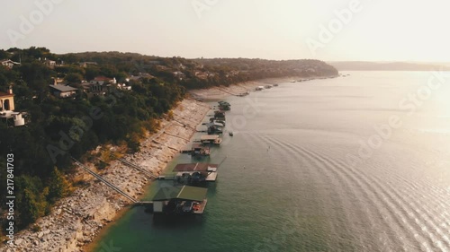 drone shot running along side of lake travis