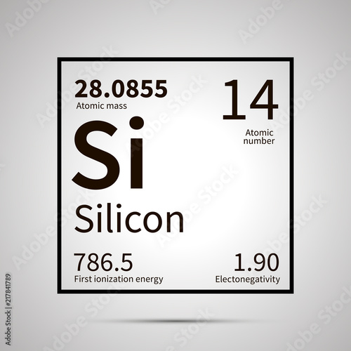 Silicon chemical element with first ionization energy, atomic mass and electronegativity values ,simple black icon with shadow
