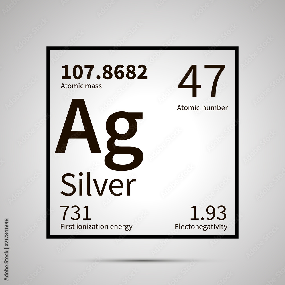 Silver chemical element with first ionization energy, atomic mass and  electronegativity values ,simple black icon with shadow on gray Stock  Vector | Adobe Stock