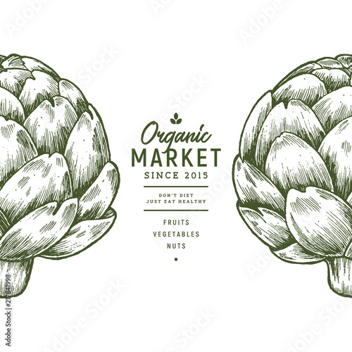 Artichoke organic market design template. Organic vegetables. Vector illustration