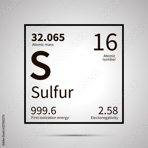 Sulfur chemical element with first ionization energy, atomic mass and electronegativity values ,simple black icon with shadow
