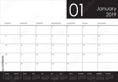 January 2019 desk calendar vector illustration