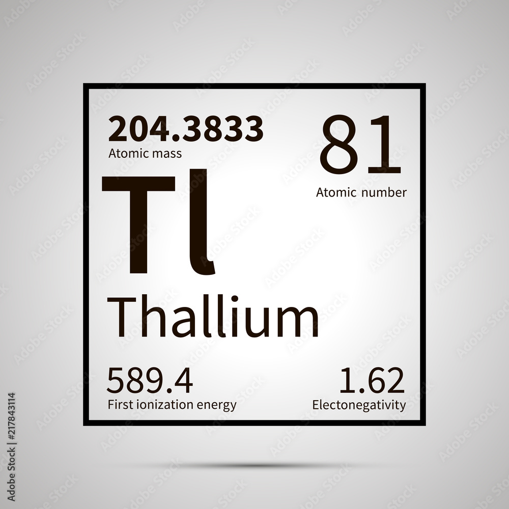Thallium chemical element with first ionization energy, atomic mass and electronegativity values ,simple black icon with shadow