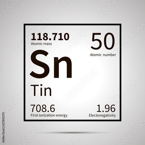 Tin chemical element with first ionization energy, atomic mass and electronegativity values ,simple black icon with shadow