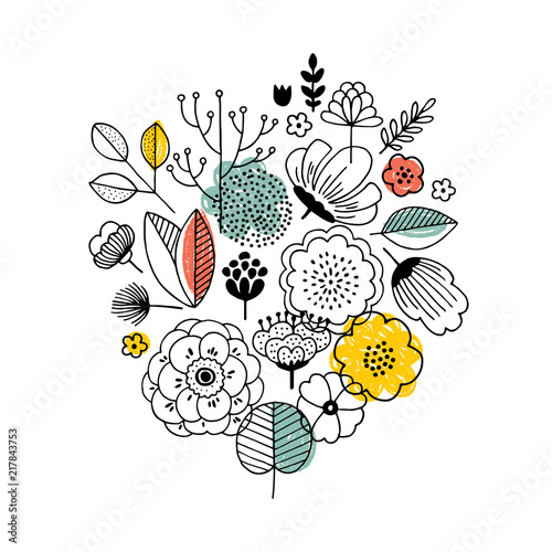 Summer flower bouquet composition. Linear graphic. Florals background. Scandinavian style. Vector illustration