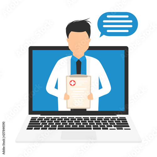 Online medicine concept. Digital online medical care. Online doctor or pharmacist, medical consultation. Doctor is showing recipe and recommendations