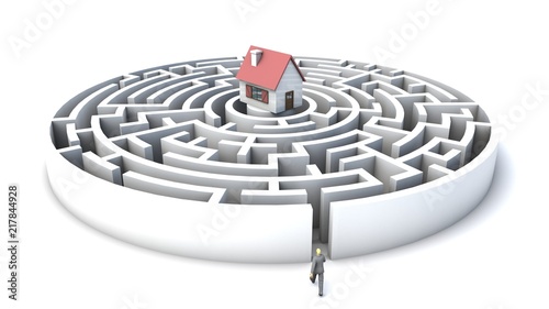 3D illustration of man entering a maze with a house in the middle