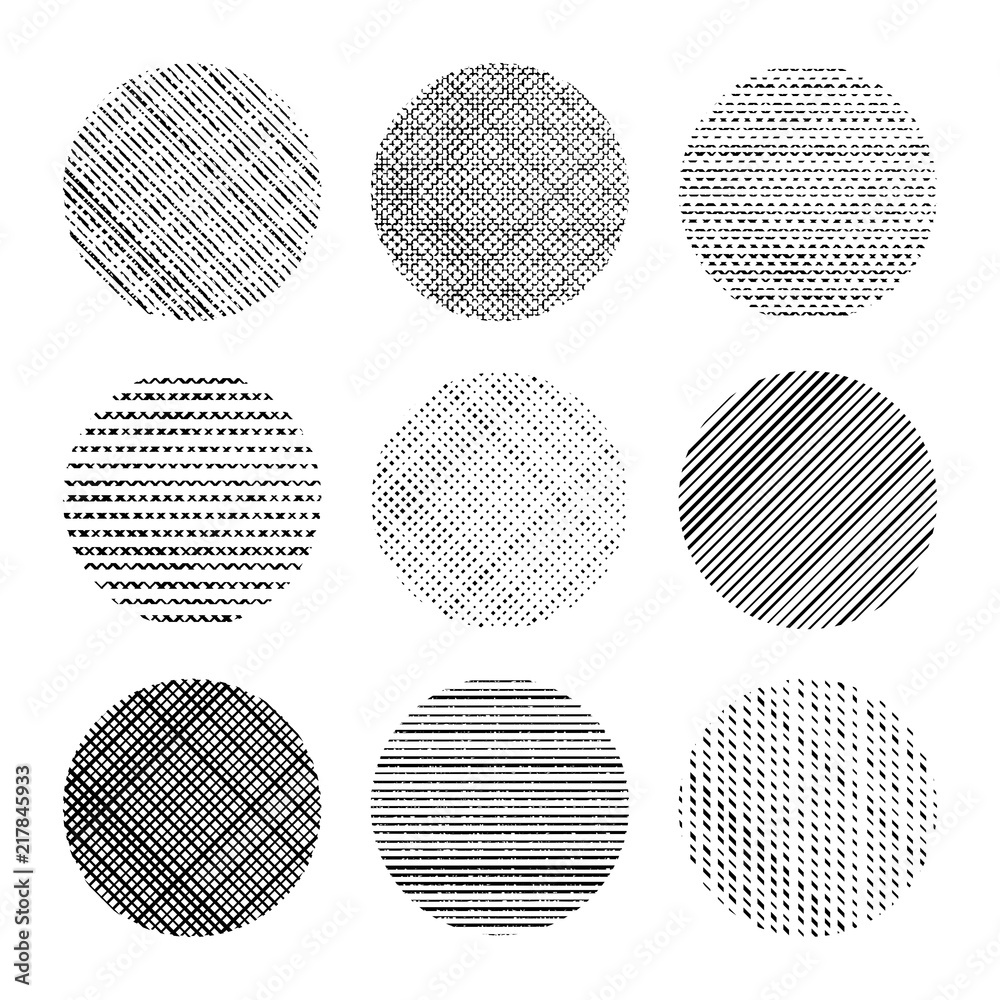 Set of decorative textured circles in black and white